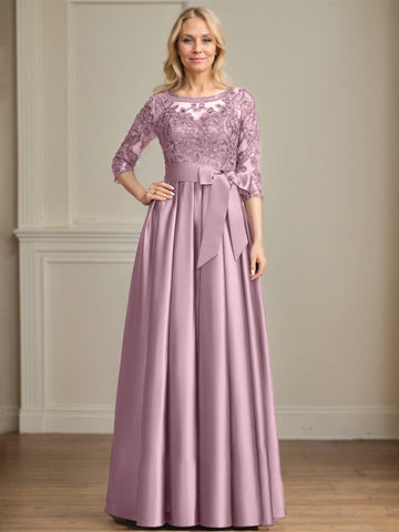 A-line Scoop Illusion Floor-Length Satin Lace Mother of the Bride Dress With Sequins Bow