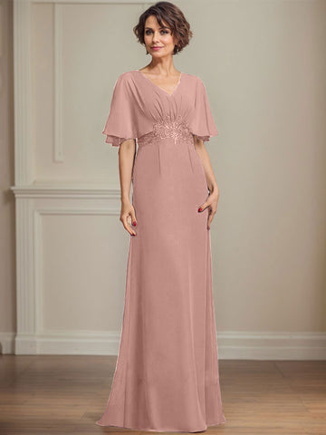 A-line V-Neck Floor-Length Chiffon Mother of the Bride Dress With Pleated Sequins Appliques Lace