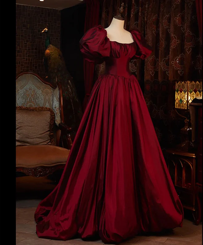 Robe de soirée longue bordeaux à manches courtes, robe de bal, robe de cérémonie Y6973