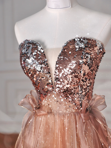 Robe de bal/soirée vintage rose doré sans bretelles en tulle à sequins et perles, coupe trapèze, référence Y8622