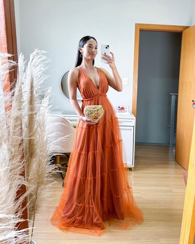 A Line Orange Formal Evening Dress Prom Party Long Gown Y5111