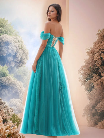 Off Shoulder Bodice Embroidery Lace Ball Gown Evening Dress