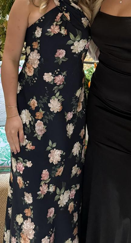 Robe de bal longue bleu marine imprimée en satin à col halter, modèle Y8453