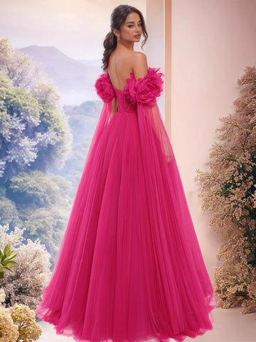 Off Shoulder 3D Rose Ball Gown Evening Dress with Long Sleeve