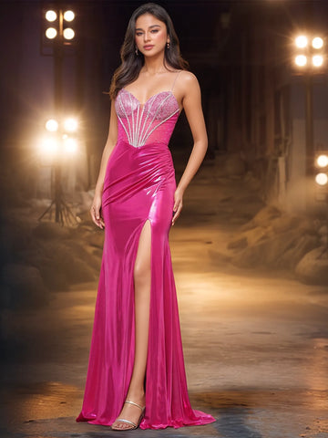 Sheer Bodice Luxury Crystal Mermaid Evening Gown With Slit