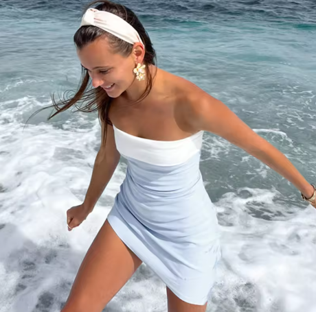 Vestido tubo corto sin mangas y sin tirantes para mujer, estilo casual patchwork, ajustado, para la playa, vacaciones, fiesta o regreso a casa Y7261