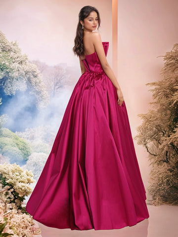 Pleats Strapless Satin Ball Gown Evening Dress
