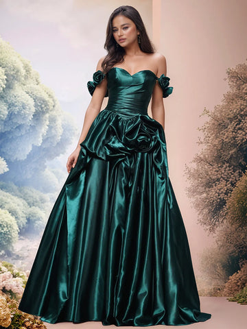 Off Shoulder 3D Rose Pick Up Satin Ball Gown Evening Dress