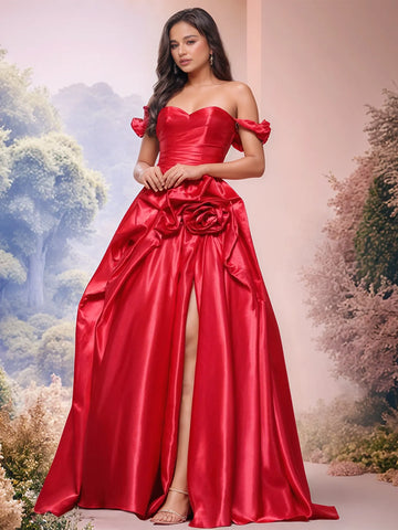 Off Shoulder 3D Rose Pick Up Satin Ball Gown Evening Dress