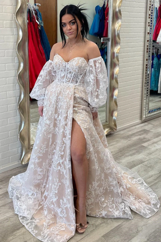 Robe de bal longue en dentelle à manches bouffantes et bustier scintillants, manches amovibles, modèle Y1805