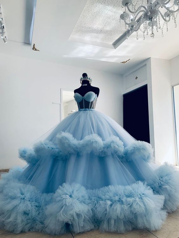 Robe de bal de luxe faite main, en tulle vaporeux à volants, robe de quinceañera bleue pour cérémonie de passage à l'âge adulte, idéale pour les occasions formelles Y6550