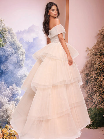 Off Shoulder Ball Gown Floral Evening Dress With Ruffle Hem