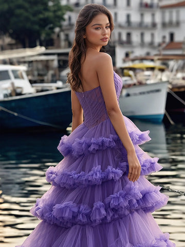 Pleated Sheer Corset Top Strapless Tiered Layered Ball Gown Prom Dress
