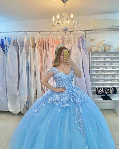 Vestido de gala azul con apliques de tul y hombros descubiertos para quinceañera Y6077