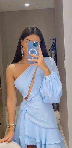 Elegante vestido corto de gasa con un solo hombro para fiesta de bienvenida, corte en A, azul cielo con volantes, vestido de cóctel Y2436