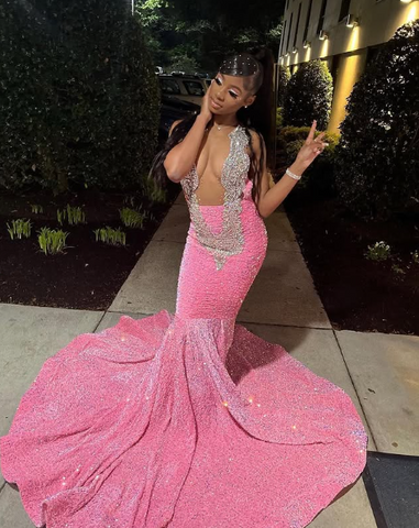 Robe de soirée sirène rose à sequins et perles, modèle Y8016