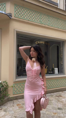 Vestido de fiesta rosa sexy con volantes laterales para baile de bienvenida, vestido de fiesta rosa Y2540