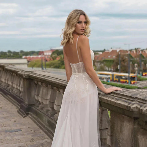 Elegant Beach Wedding Dresses High Slits Tulle Bohemian Lace Applique Robes De Mariee Backless Bridal Gowns Robe De Vestido