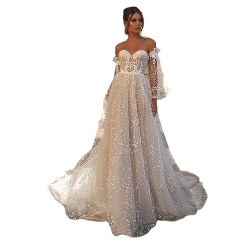 Elegant Beige Card Shoulder Long Sleeve Bridal Sweetheart Tulle Applique Sequin Floor-A line Wedding Evening Gown with Women
