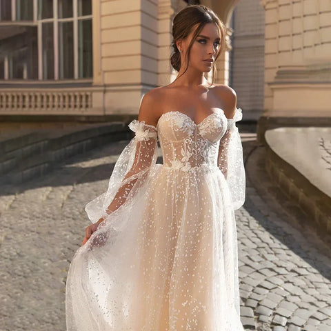 Elegant Beige Card Shoulder Long Sleeve Bridal Sweetheart Tulle Applique Sequin Floor-A line Wedding Evening Gown with Women