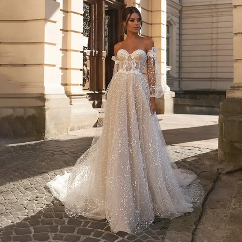 Elegant Beige Card Shoulder Long Sleeve Bridal Sweetheart Tulle Applique Sequin Floor-A line Wedding Evening Gown with Women