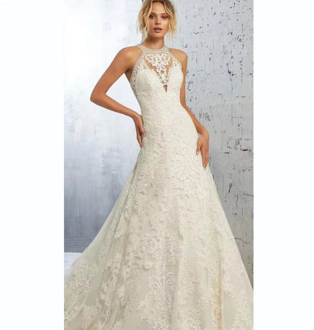 Elegant Beige Gown with Halter Lace A-LINE Sleeveless Cut-out Sweep Train Floor-Length Evening Gown for Women vestidos de novia