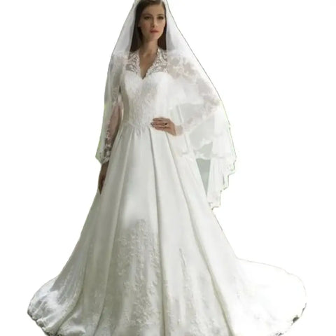 Elegant Italian white bridal dress V-neck stand-up collar lace applique long sleeve satin button Saudi Arabian trouw jurken dame