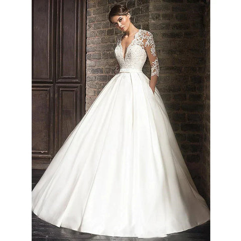 Elegant Lace Wedding Dresses Sexy Deep V-Neck Vestido De Novia Sleeve Bridal Gowns with Pockets Customized Robe Mariee