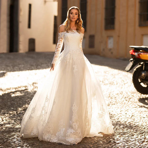 Elegant Long Sleeve Wedding Dresses Off The Shoulder Boat Neck Lace Appliques Sweep Train A-Line Bridal Gown Vestidos De Novia