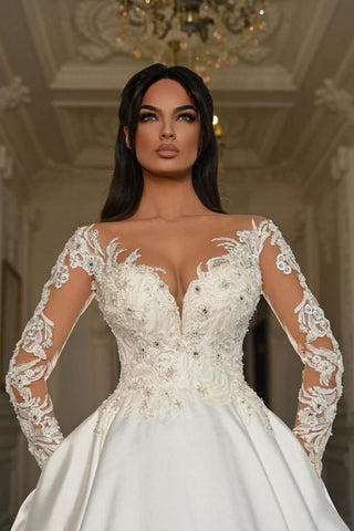 Elegant Long Sleeves A-line Sweetheart Satin Lace Wedding Dresses with Pockets