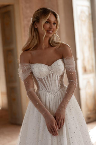 Elegant Long White A Line Off-The-Shoulder Tulle Wedding Dress