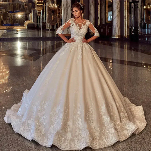 Elegant O-Neck Pearls Lace Appliques Ball Gown Wedding Dress 2023 Half Sleeves Bridal Gown Tulle Lace Up Robe De Mariée
