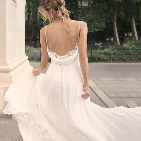 Elegant Off Shoulder Sleeveless Mopping Backless Wedding Dresses For Women Spaghetti Straps Bride Gown Appliques Backless Bridal