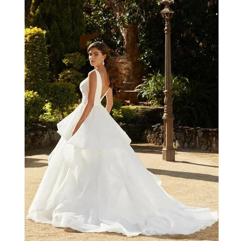 Elegant Ruffles Wedding Dresses For Women V-Neck Backless Bridal Gowns A-Line Sleeveless Vestidos De Novia