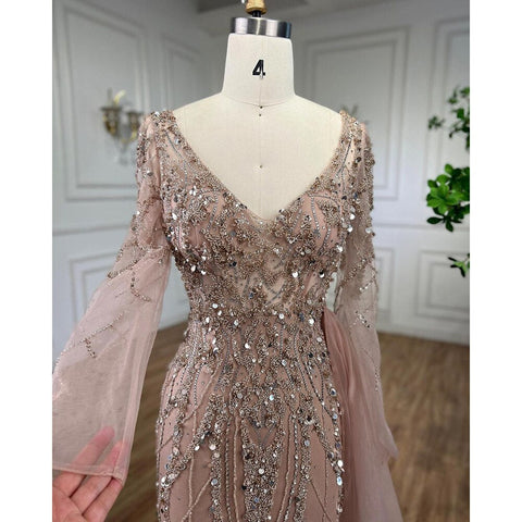 Elegant Turquoise High Split Meramid Long Sleeves Evening Dress with Beaded  For Women Wedding Party LA71793A