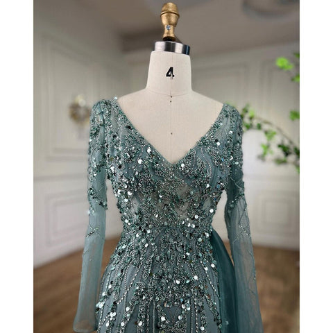 Elegant Turquoise High Split Meramid Long Sleeves Evening Dress with Beaded  For Women Wedding Party LA71793A