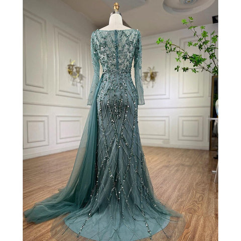 Elegant Turquoise High Split Meramid Long Sleeves Evening Dress with Beaded  For Women Wedding Party LA71793A