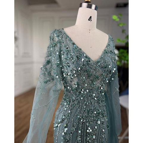 Elegant Turquoise High Split Meramid Long Sleeves Evening Dress with Beaded  For Women Wedding Party LA71793A