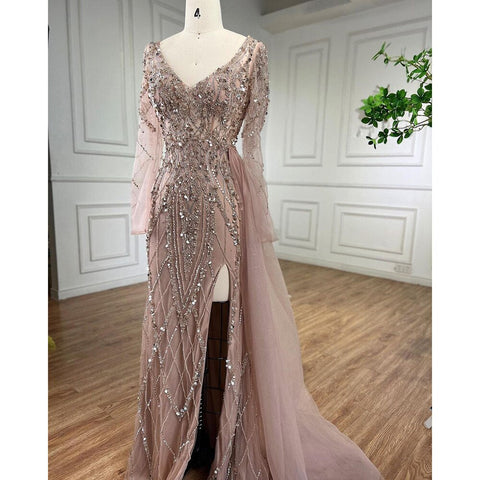 Elegant Turquoise High Split Meramid Long Sleeves Evening Dress with Beaded  For Women Wedding Party LA71793A