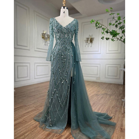 Elegant Turquoise High Split Meramid Long Sleeves Evening Dress with Beaded  For Women Wedding Party LA71793A