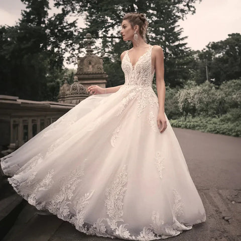 Elegant Wedding Dresses For Woman Popular Summer A-line V-Neck Sleeveless Appliques Open Back Vestidos De Novia