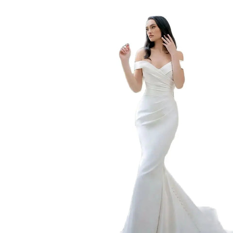 Elegant White Satin Gown with Off the Shoulder Pleated Mermaid Sweep Train Floor-Length Evening Gown for Women vestidos de novia