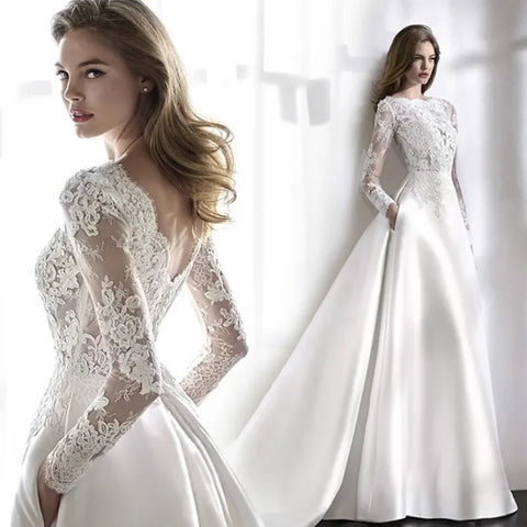 Elegant White Wedding Dress Italian Vintage Backless Applique Lace Long Sleeve Pocket Floor-Length Bridal Gown Vestidos De Novia