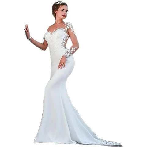 Elegant white bridal gown crew neck Long Sleeve Decal Crystal beaded floor-length long sleeve mermaid wedding dress with train