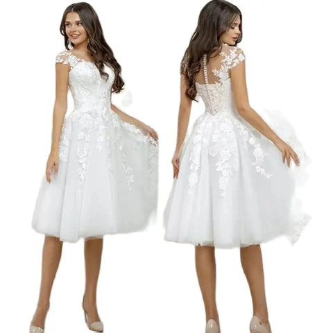 Elegant white tulle applique round neck short sleeve formal dress A-line knee-length bridal wedding dress فساتين للحفلات الراقصة