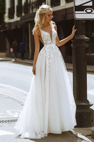 Elegant A-line V Neck Lace Beach Wedding Dresses Bridal Gown  WD607