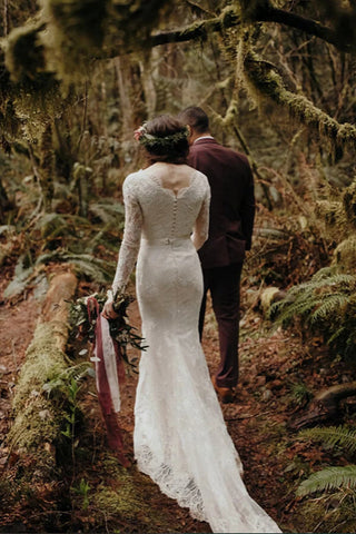 Elegant Lace Mermaid Round Neck Long Sleeves Wedding Dresses WD638