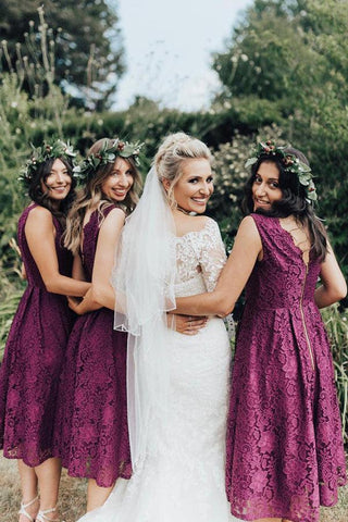 Elegant Lace V-Neckline Tea-length A-line Bridesmaid Dress  BD094