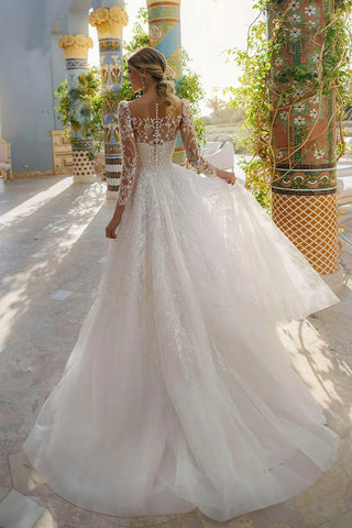 Elegant Long Sleeves Scoop Neck Lace Appliques Beach Wedding Dress WD681