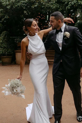 Elegante vestido de novia de sirena con escote halter, sencillo y modesto, WD738